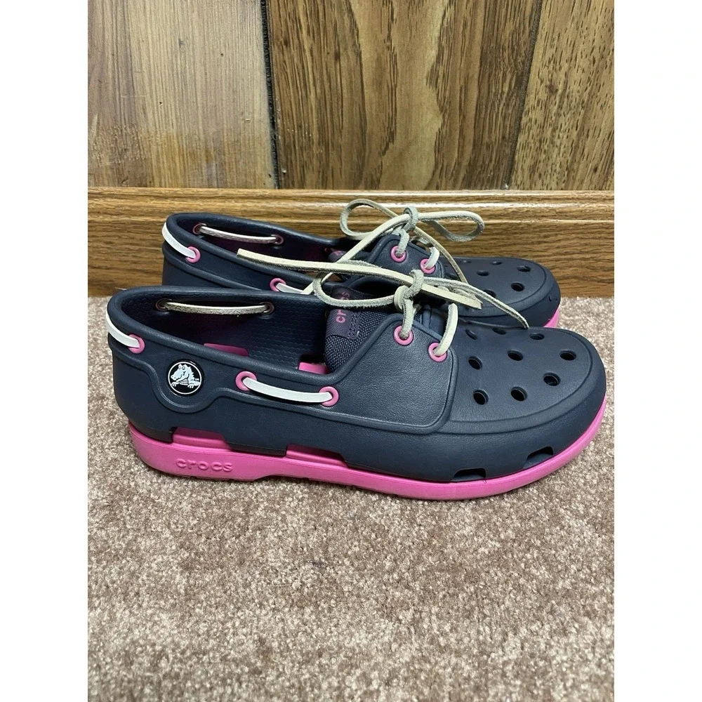 Crocs Kid Girls Shoes Beach Line Boat Shoes J4 (BIG Kid) Lace Up‎ Blue Pink Tie